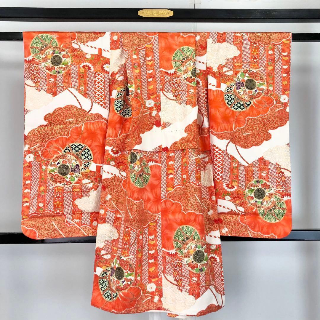 子供着物 七五三 3歳 鼓 花模様 赤橙色 CK-7380