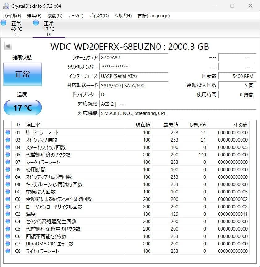 使用時間0H DIGA換装用 大容量HDD 3.5インチ2TB WD20EFRX