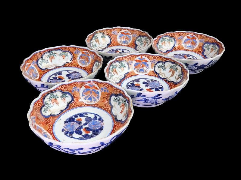 古伊万里　色絵 窓絵　藤に蝶　菊の図　膾皿　５客　C202AS-CWv