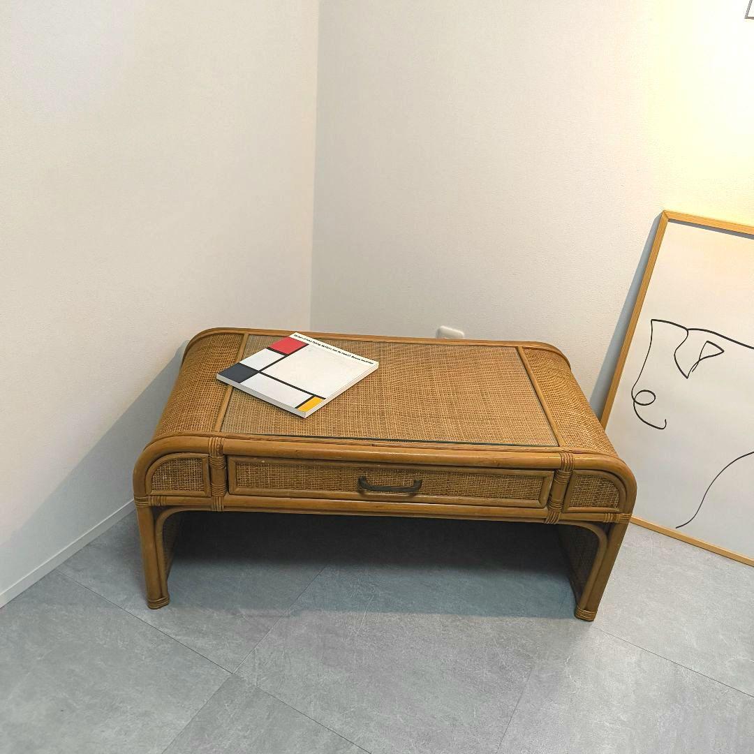 ヴィンテージ　ラタン座卓 ガラス天板 引き出し　書斎　レトロ　籐　韓国