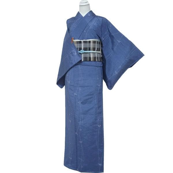 十日町紬 春秋の単衣 着物 袷 青 花 正絹 裄65 Ｌ 新古品 sn1820