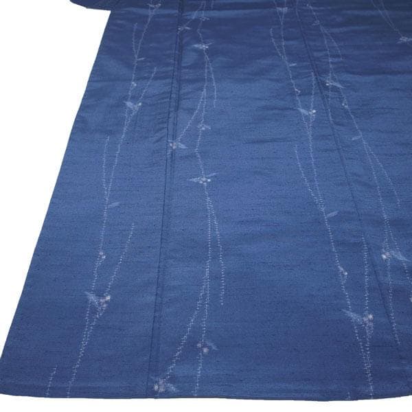 十日町紬 春秋の単衣 着物 袷 青 花 正絹 裄65 Ｌ 新古品 sn1820