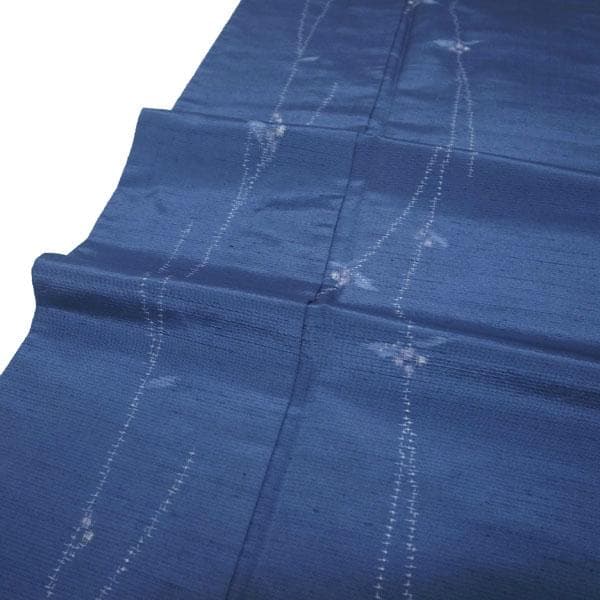 十日町紬 春秋の単衣 着物 袷 青 花 正絹 裄65 Ｌ 新古品 sn1820