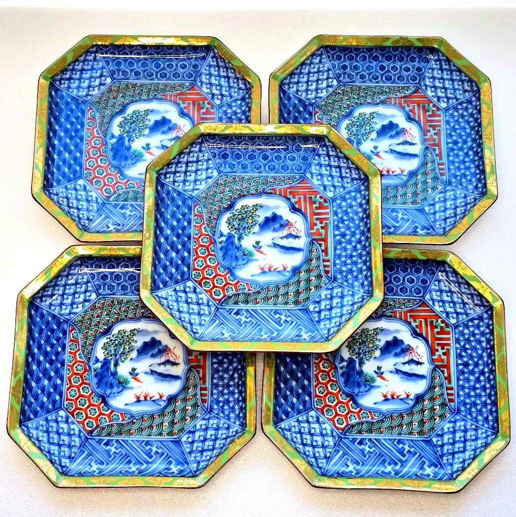 龍峰窯 龍峯窯 緑彩 金欄手 八角皿 中皿 5枚 色絵山水 染付 取り皿