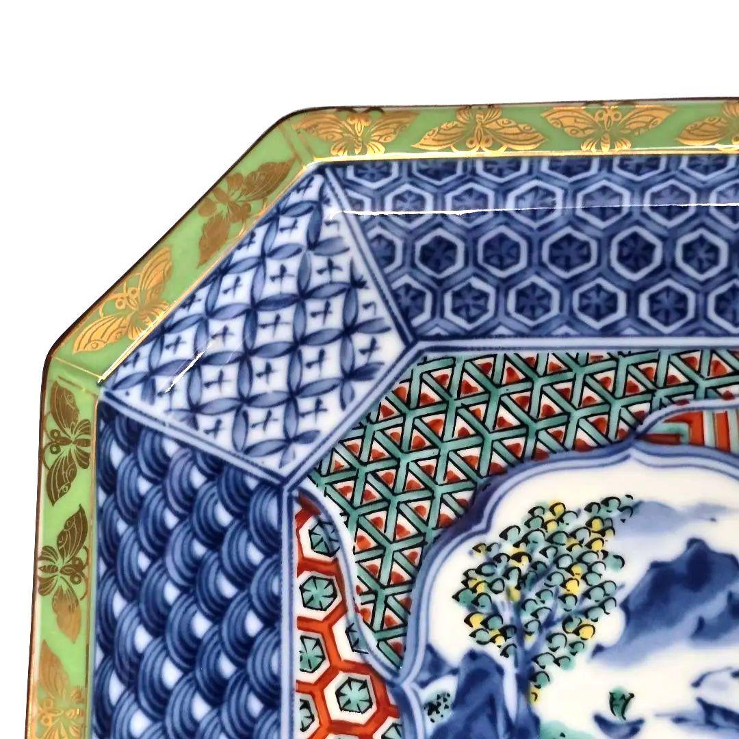 龍峰窯 龍峯窯 緑彩 金欄手 八角皿 中皿 5枚 色絵山水 染付 取り皿