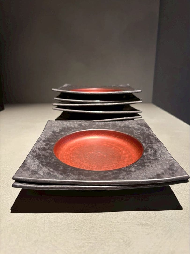 KOHNO 藤正・内雲母赤焼〆中丸正角皿 8枚セット