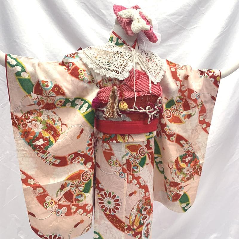 407ag19,小物類■七五三 七歳 アンティーク着物&開き帯 鞠 結び紐■良好