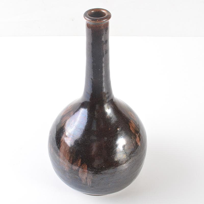 瀬戸焼　古瀬戸　黒釉　徳利　鶴首瓶　時代箱　伝来品　C　R6512