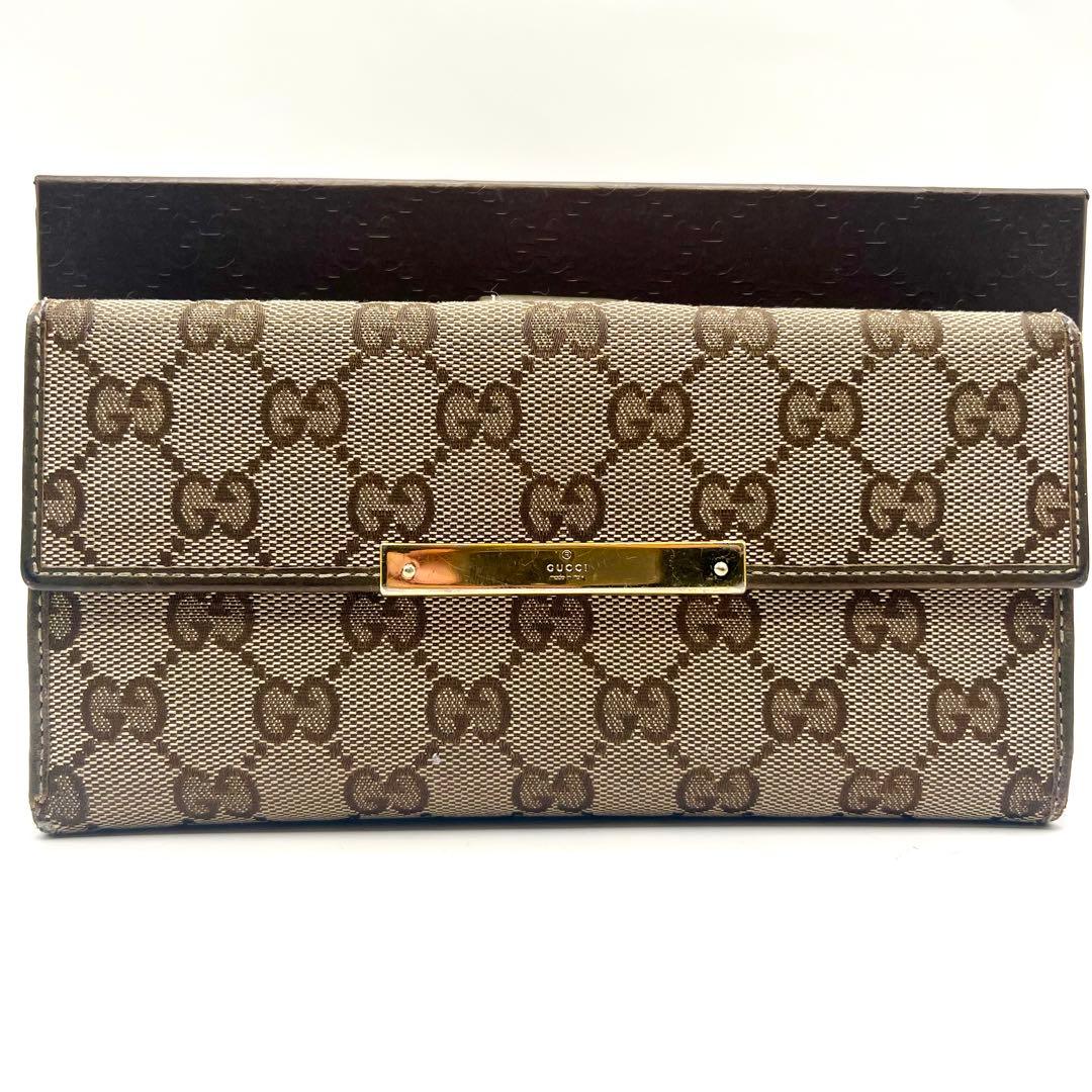GUCCI グッチ GGキャンバス アイボリー レザー ロゴプレート 長財布