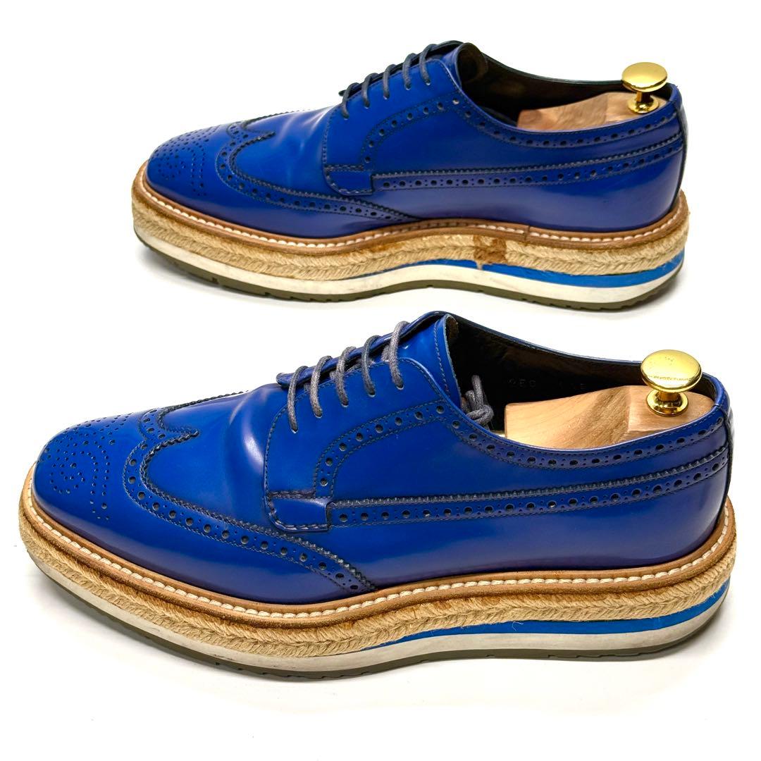 PRADA プラダ 革靴 ウィングチップ ガラスレザー ブルー エスパドリーユ
