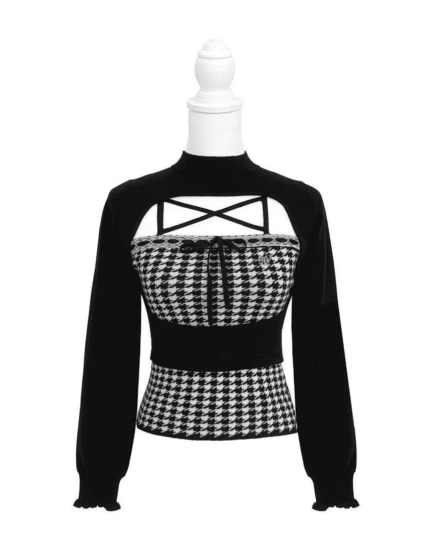 HONEYMEW 千鳥柄ハイネックアンサンブルトップス ブラック XSサイズ