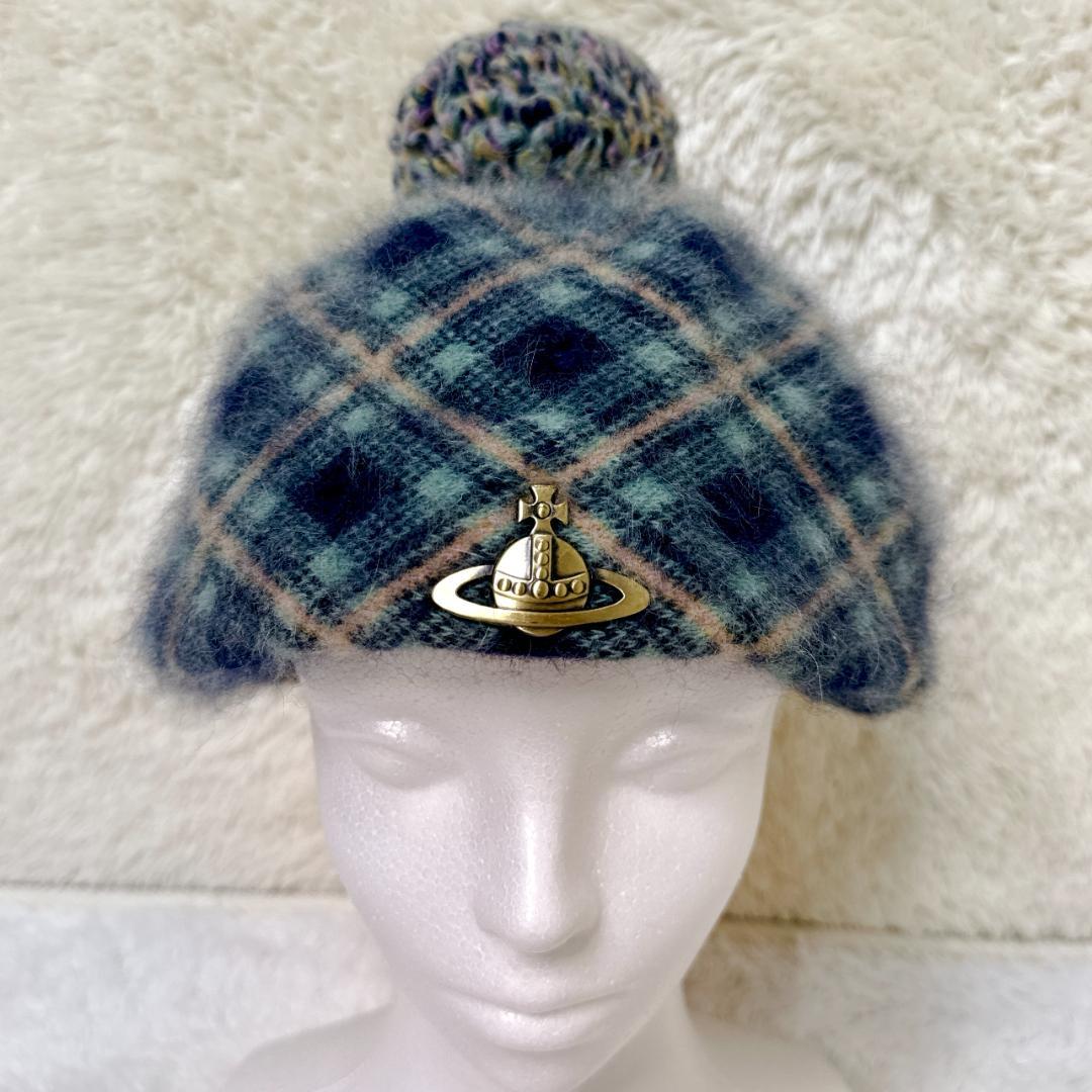 Vivienne Westwood ポンポン グリーンチェック ベレー帽 オーブ