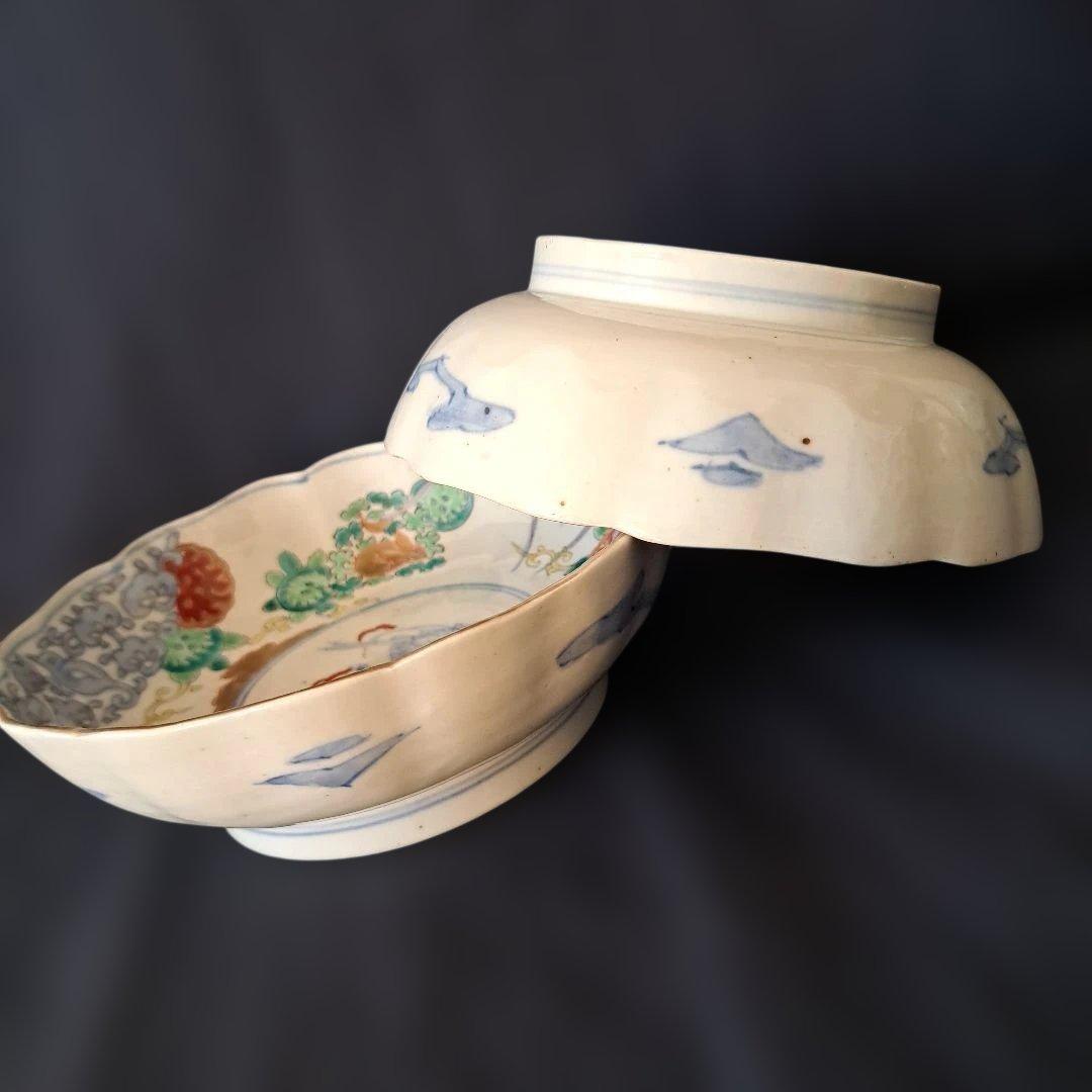 「麒麟と金彩うさぎが おしゃれ！」 古伊万里皿(直径17cm) 2客セット 骨董