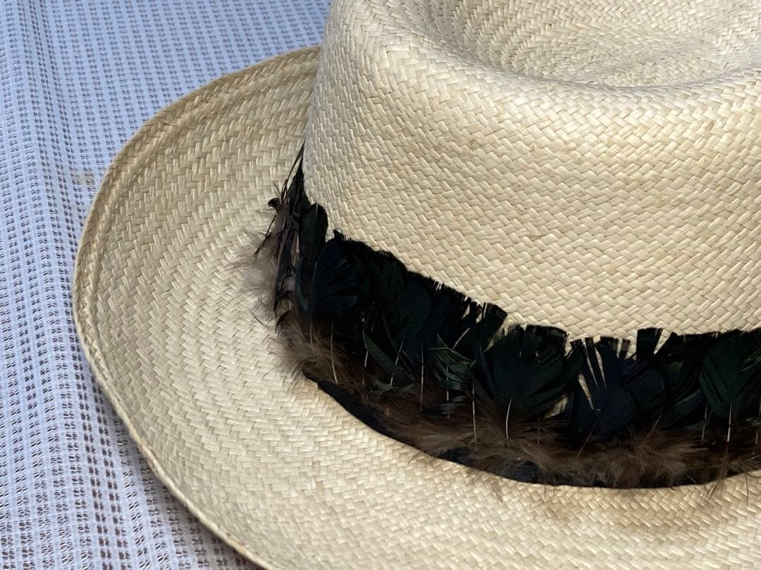 メンズ　超高級　帽子　パナマハット　ベージュ　羽毛リボン　ニードルス　エクアドル