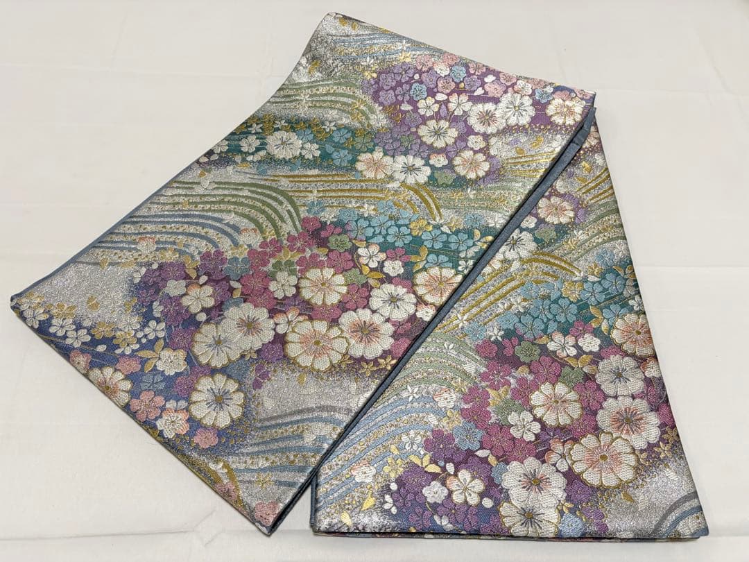 Cやまと誂製 撫子 桜 花々尽くし 金銀糸 銀通し 正絹 六通 袋帯 フォーマル