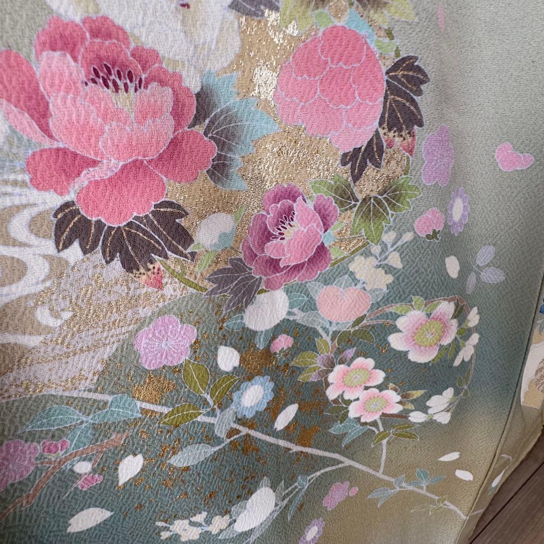 超美品　正絹　袷　現代　正統派　訪問着　着物　 163 黄緑　鶯色　手書き　上品