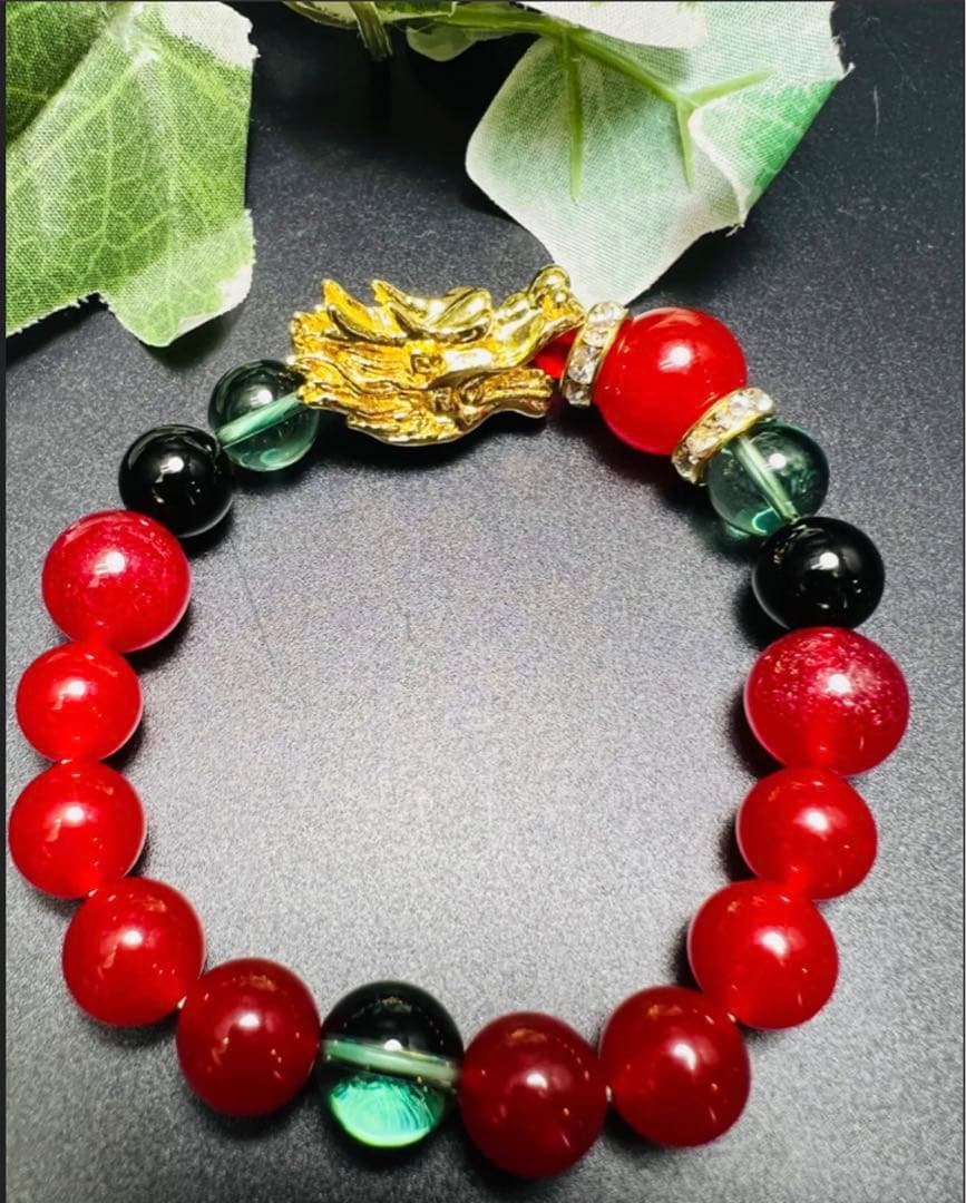 ienoriha 金龍 ＆秘紅石.緑水晶超金運ブレスレット❣️トリプル金運