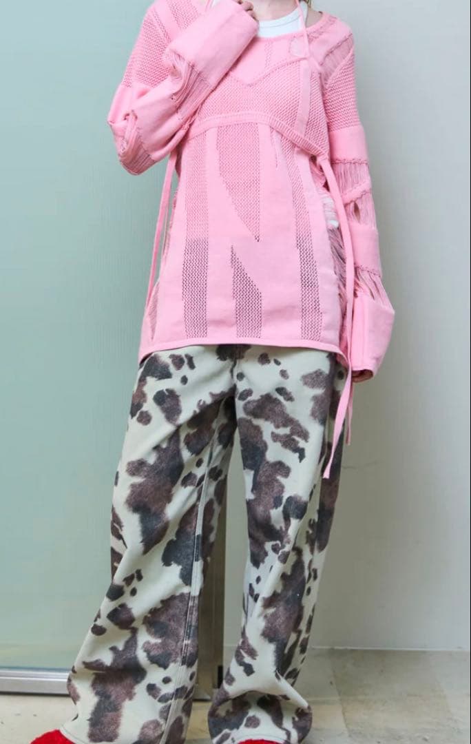 パンツ Vegan Leather Cow Printed Pants