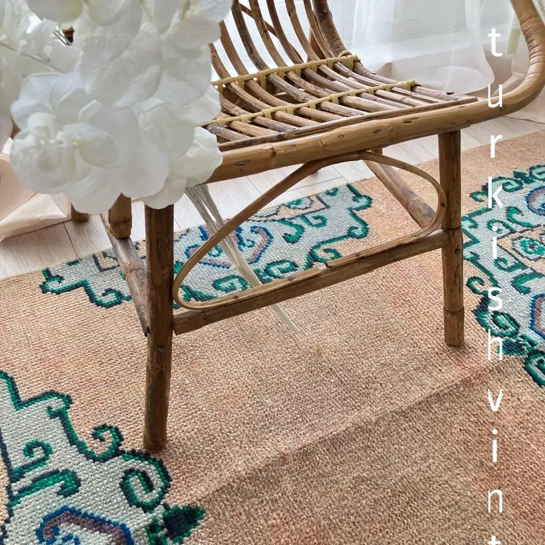 コーラルベージュ77×202グリーン　メダリオンランナー　トルコヴィンテージラグ