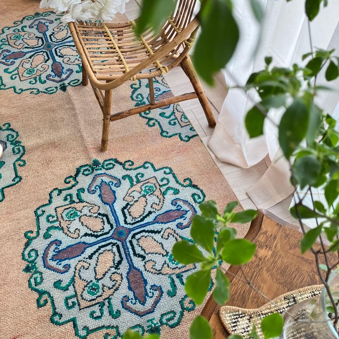 コーラルベージュ77×202グリーン　メダリオンランナー　トルコヴィンテージラグ