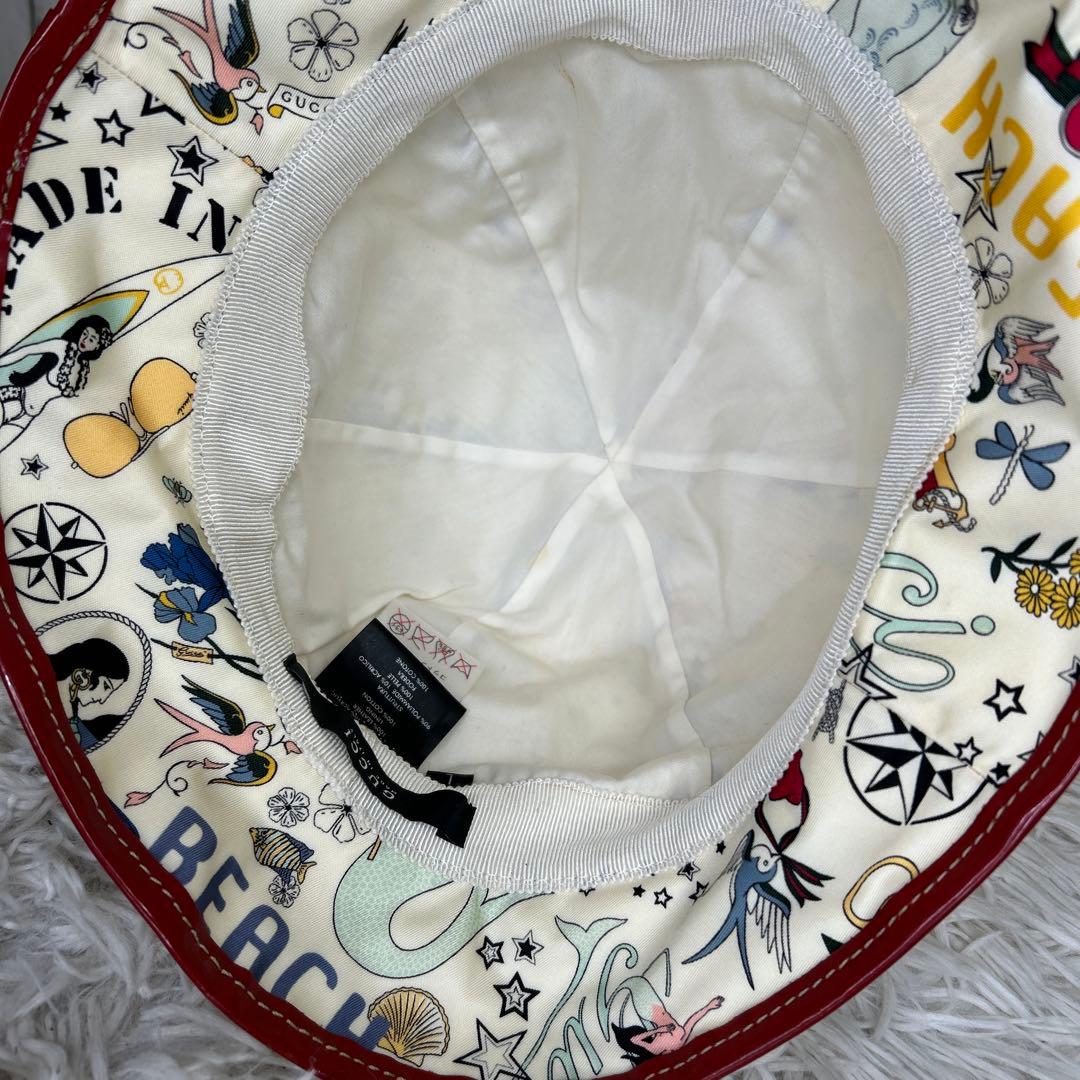 希少　GUCCI バケットハット　プリント　ビーチ　総柄　ホワイト　レッド　帽子