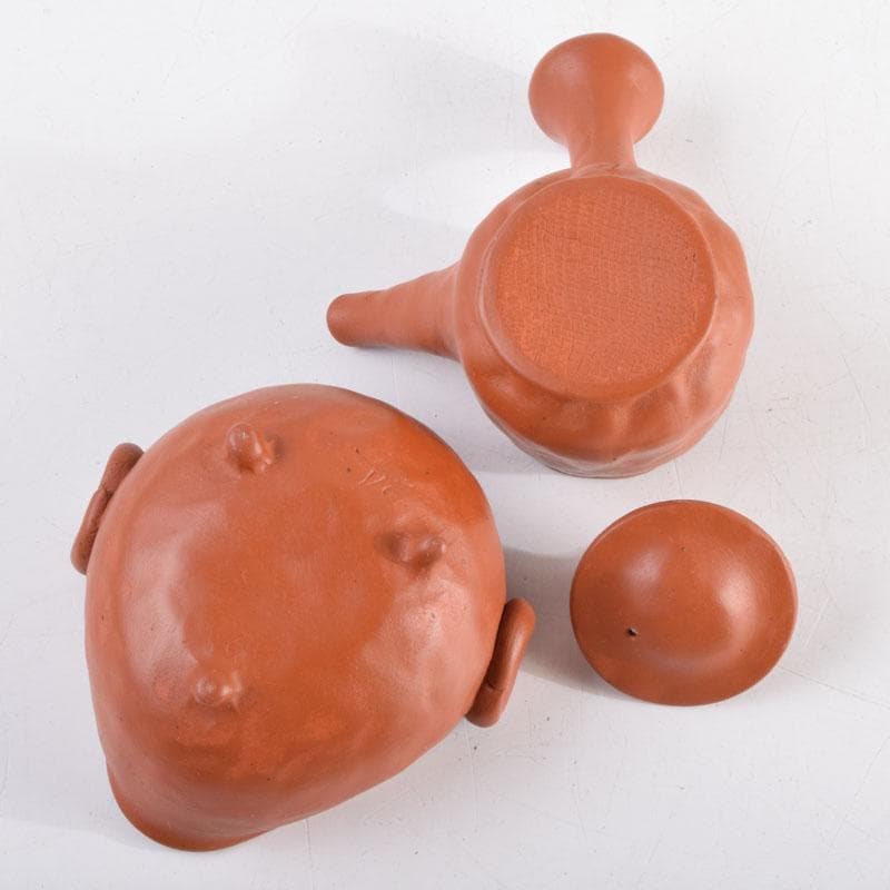 常滑焼　間野弥平作　朱泥　手捻り　小さな茶器揃　共布共箱　V　8964