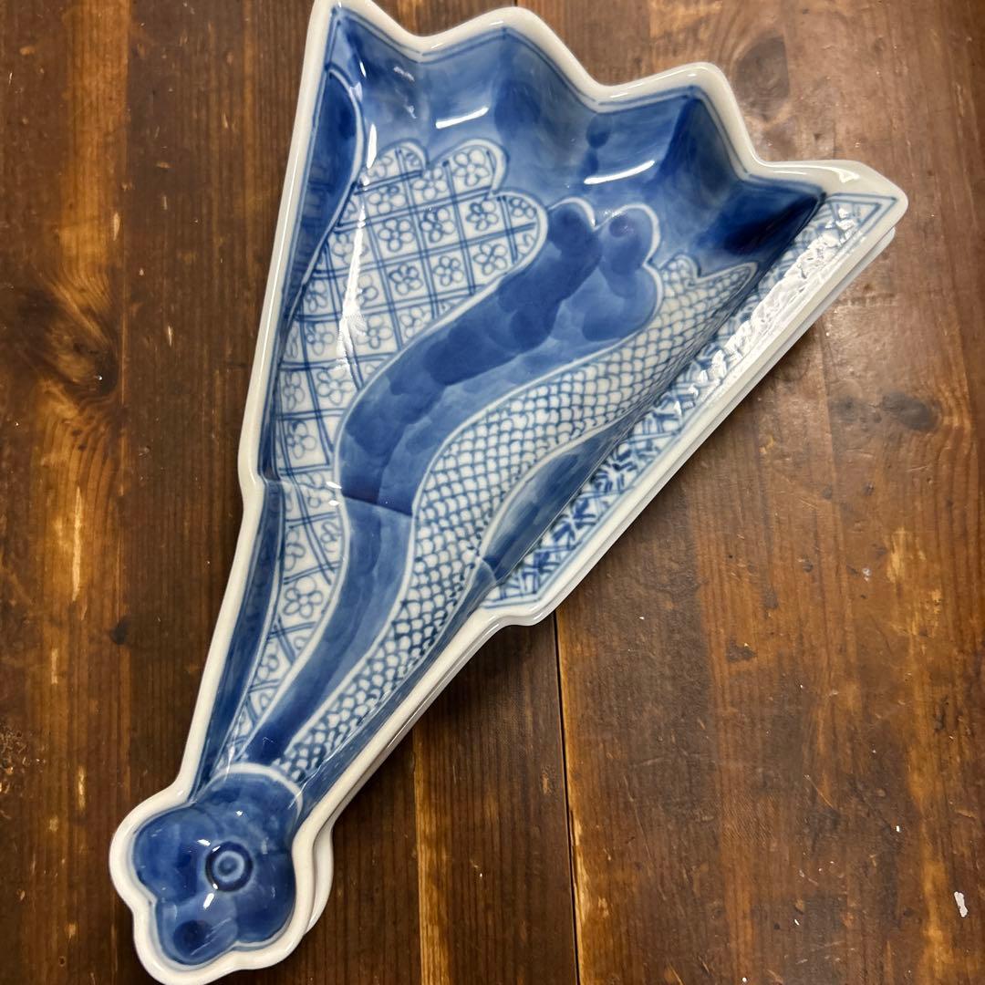 九谷焼　阿古窯　染付　手描き　小扇子　半開扇皿　５枚