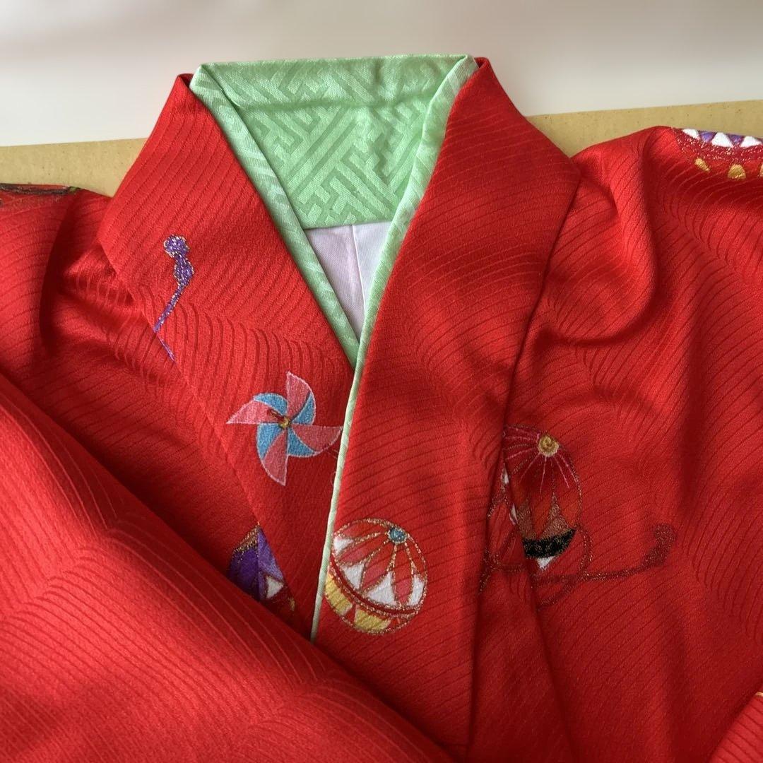 七五三用 三歳用　赤い？朱色の着物と黄色被布襦袢付　百貨店誂