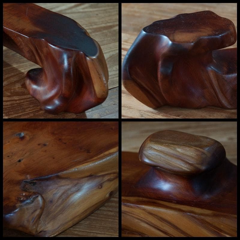 老楠一枚板 花台 小卓飾台 盆栽台 香炉台 自然体 刳り貫き三足重さ3.7ｋg★