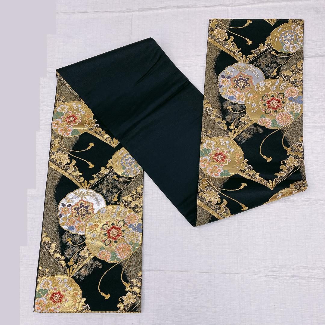 Y★3533★ 振袖用 袋帯 正絹 豪華 黒地 金糸 結婚式 成人式