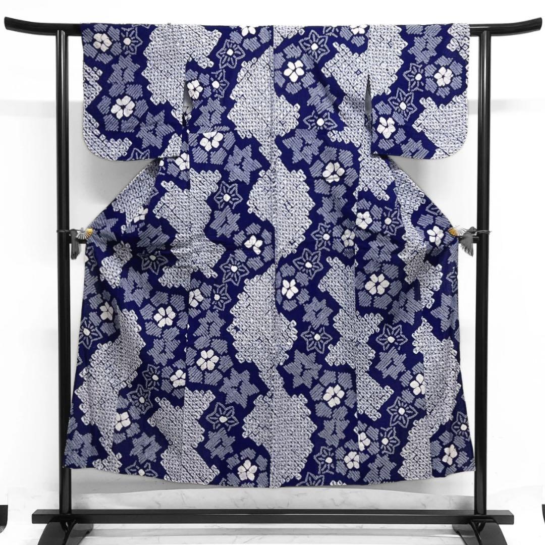 浴衣　有松鳴海絞り　花模様　楓　鹿の子　ネイビー　着物　034a d