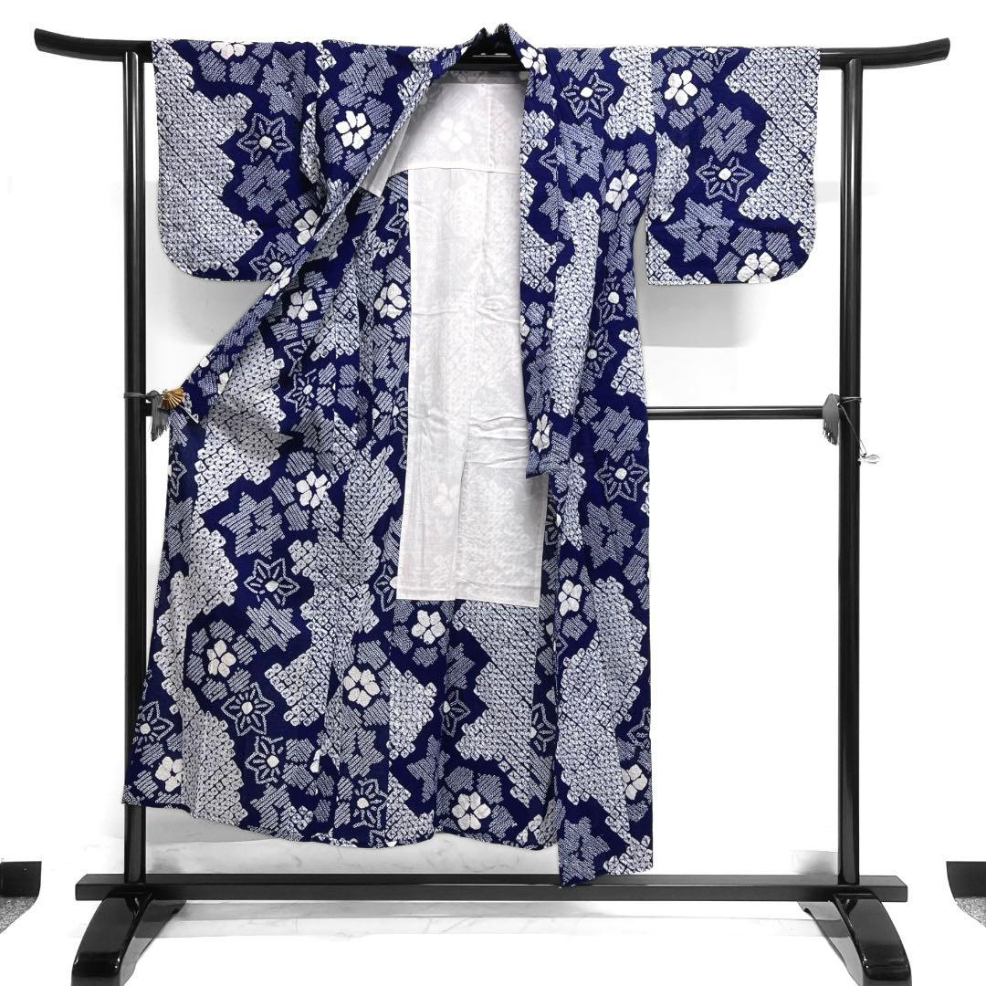 浴衣　有松鳴海絞り　花模様　楓　鹿の子　ネイビー　着物　034a d