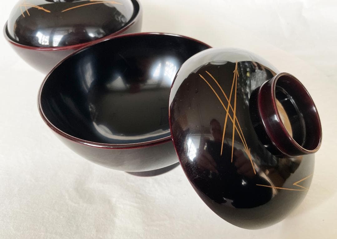 吸物椀 松葉蒔絵 溜内黒丸型高千才椀 黒塗 漆塗 5客 雑煮椀 おせち