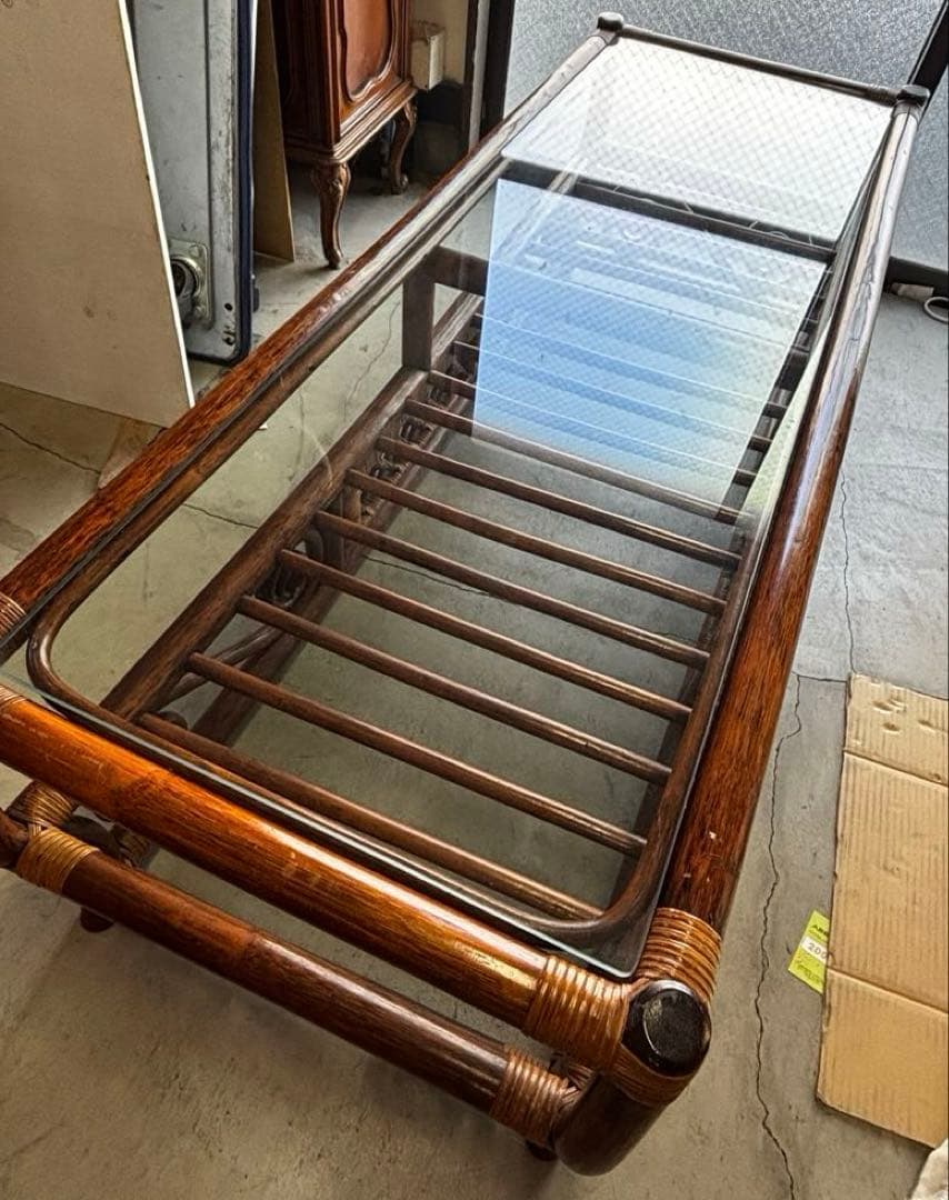 ヴィンテージ　ラタン　ダイニングテーブルセット　ガラステーブル　椅子2脚付き