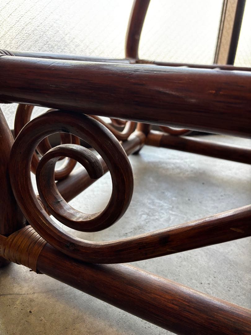 ヴィンテージ　ラタン　ダイニングテーブルセット　ガラステーブル　椅子2脚付き