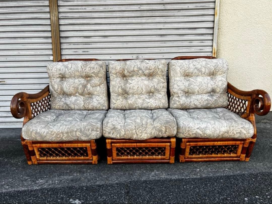 ヴィンテージ　ラタン　ダイニングテーブルセット　ガラステーブル　椅子2脚付き