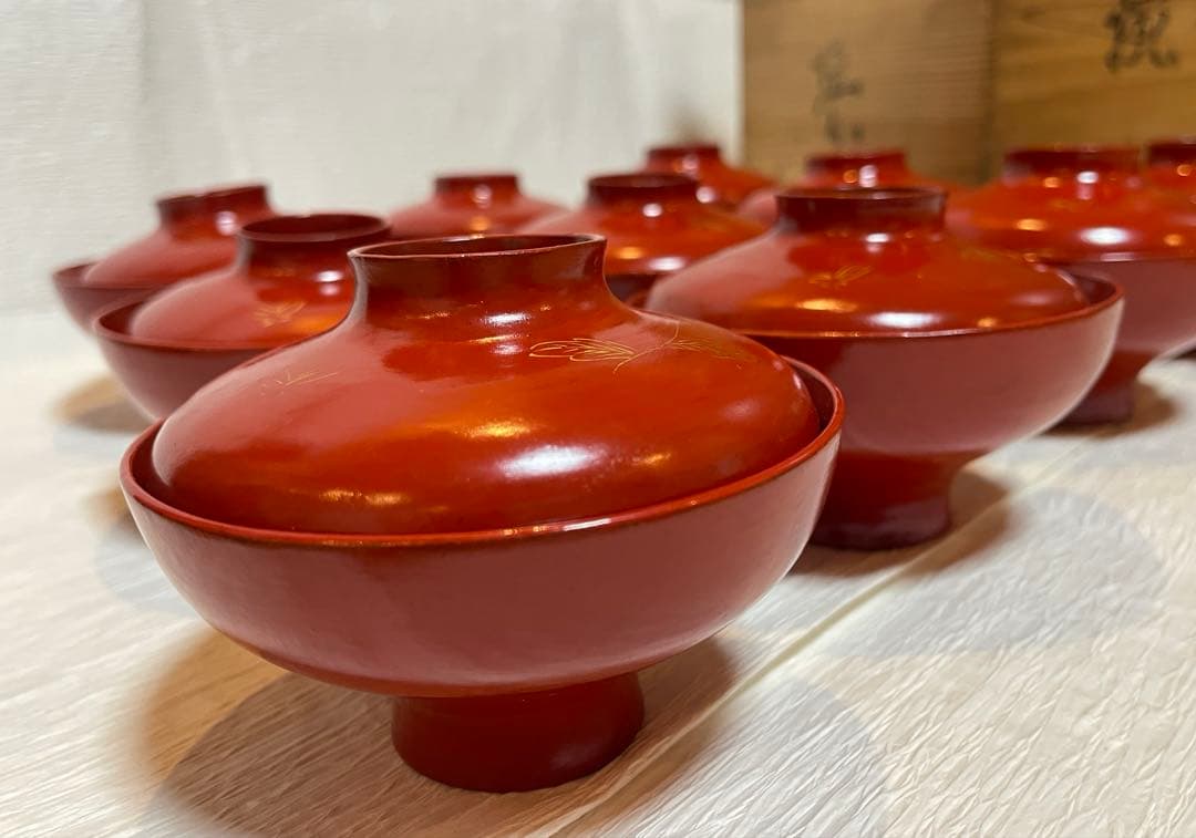 時代物 漆器 本珠 吸物椀 蓋付き 10客セット 木箱付 アンティーク171