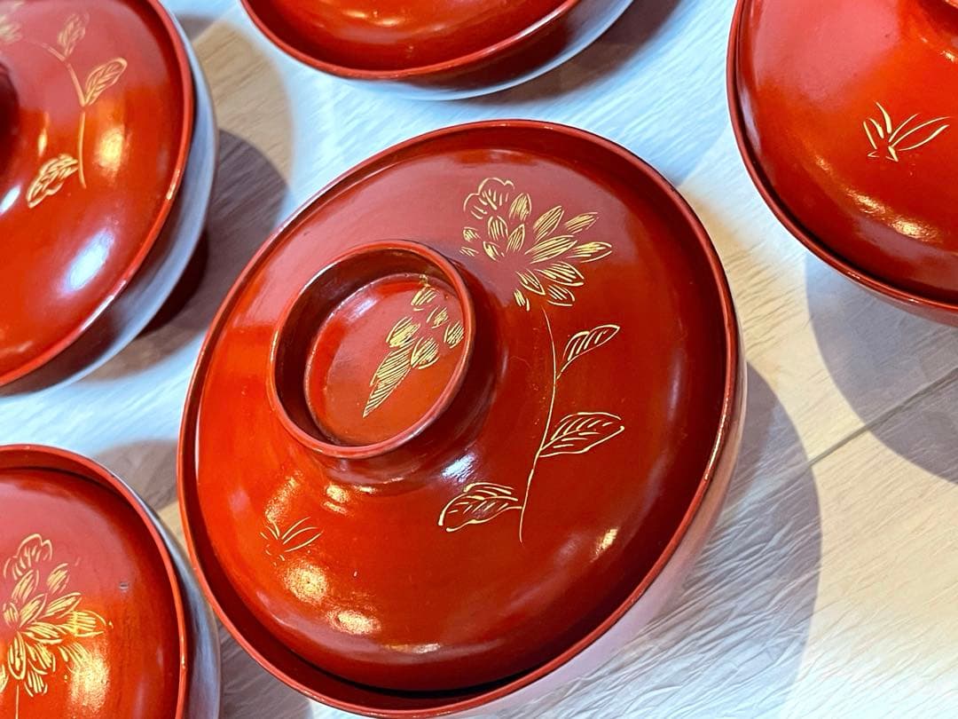 時代物 漆器 本珠 吸物椀 蓋付き 10客セット 木箱付 アンティーク171