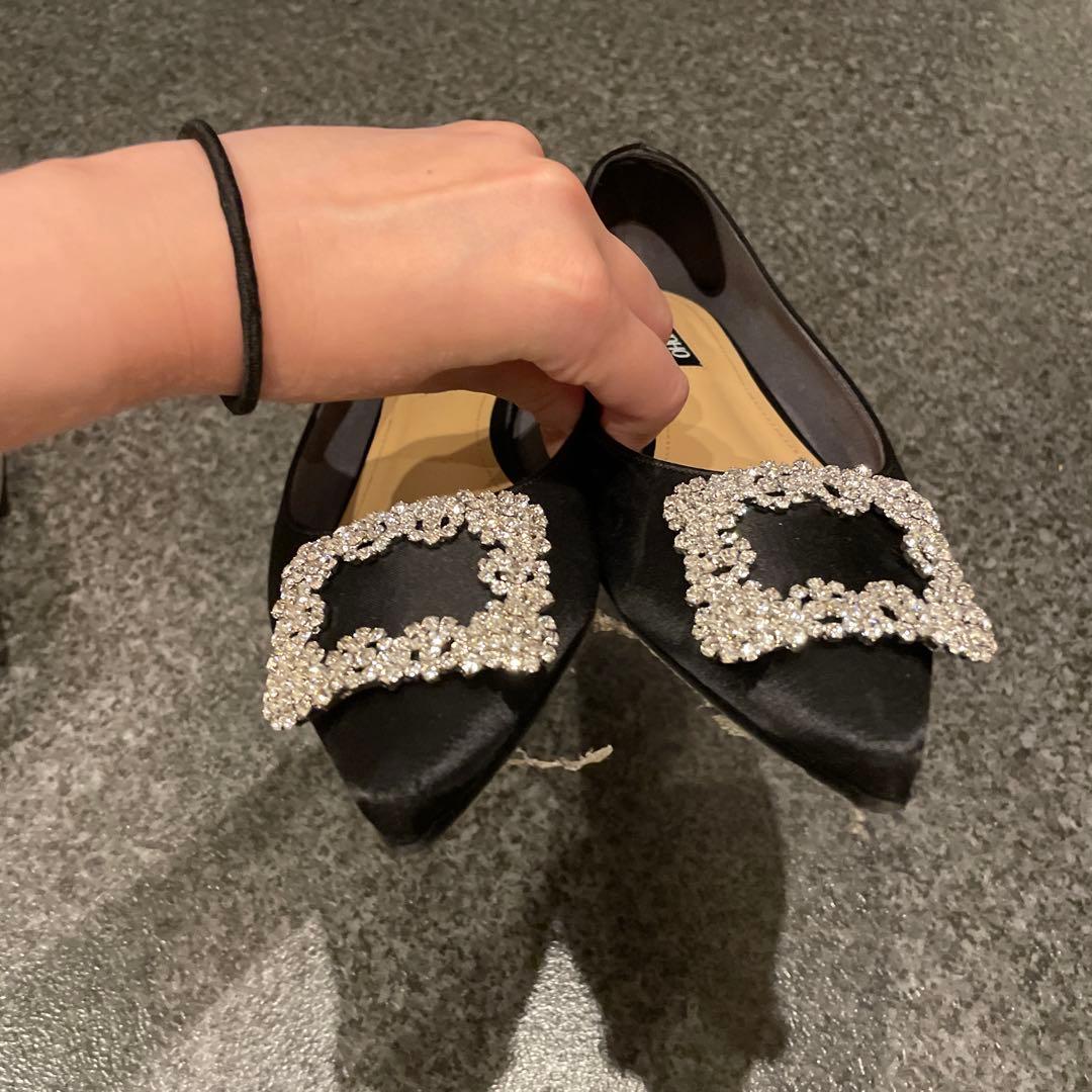 OHGA♡ビジュー付き黒サテンフラットシューズ♡