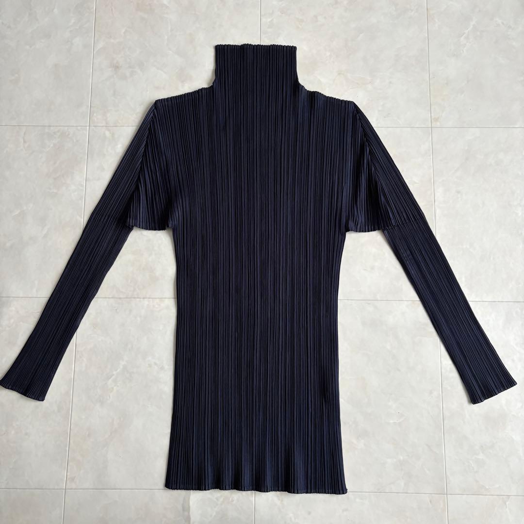 PLEATS PLEASE プリーツ ハイネック長袖 ネイビー 4 伸縮トップス