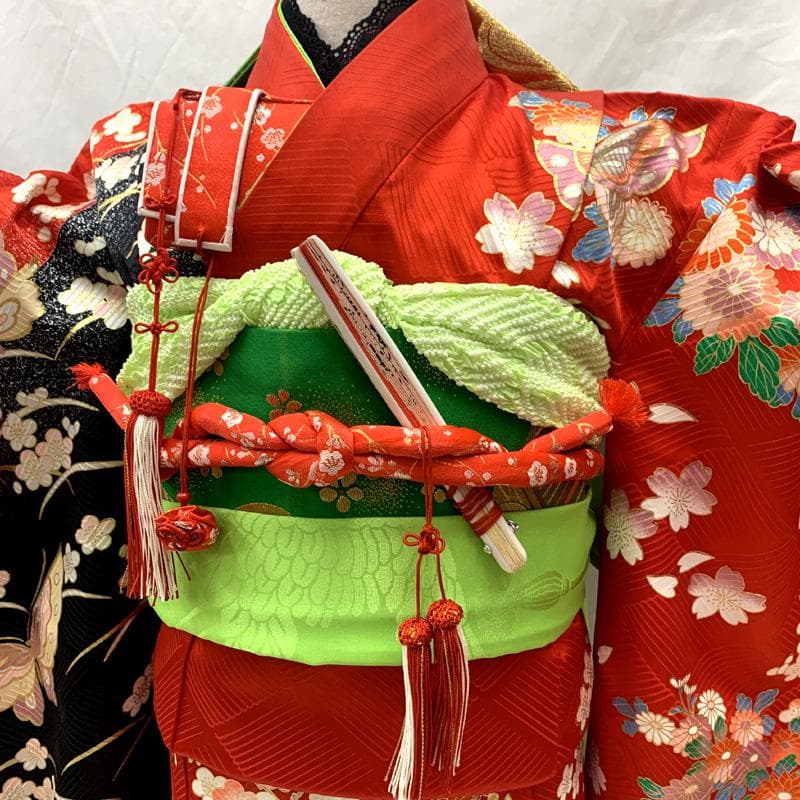 510ag17□七五三 七歳 女児 着物&袋帯 架け橋に花車 蝶 桜□状態良好