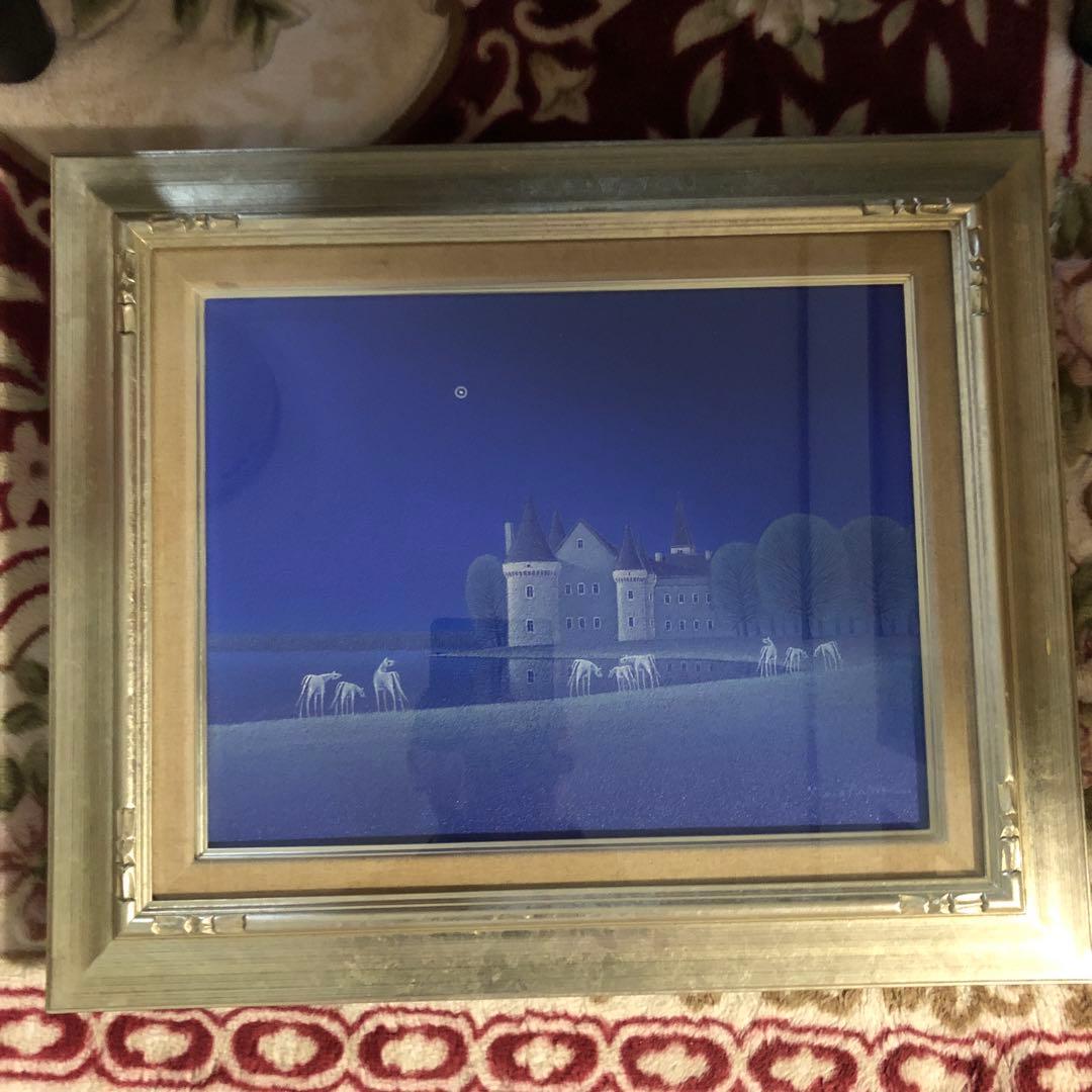 肉筆油彩画　松浦敬文　水辺の城　額付きF-6号　サイン入り