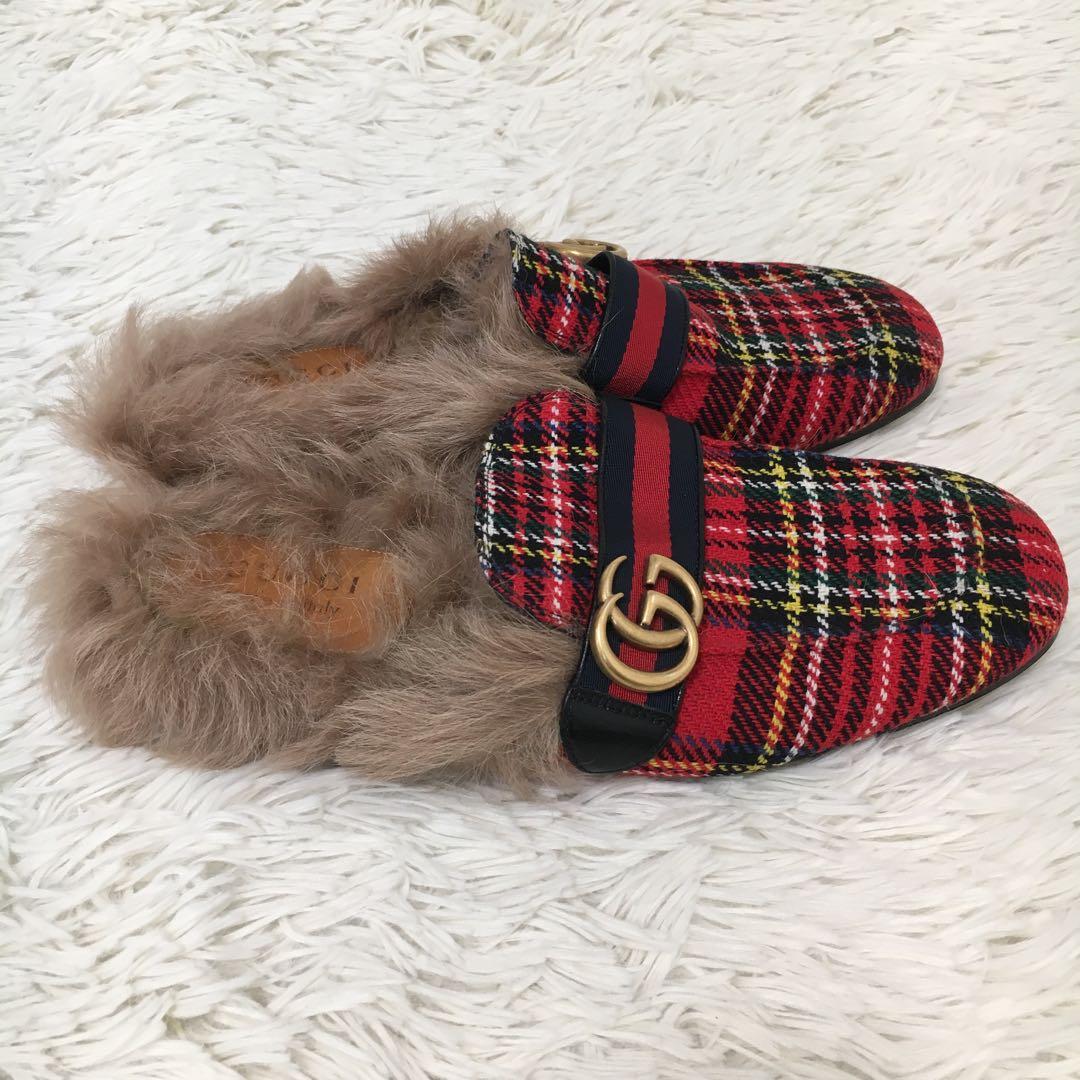 【美品】 グッチ サンダル 27cm相当 チェック柄 ファー付き マーモント