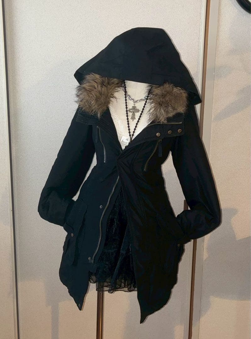 希少00sy2k平成ギャル黒モッズ　ミリタリーフード　ギミックダークコア小悪魔