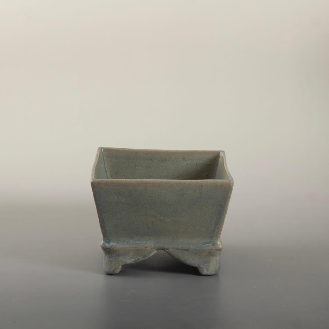 天晴釉 四方形 香炉 倣古 仿汝釉 清朝期？ 中国美術 青磁香炉 古美術 古道具