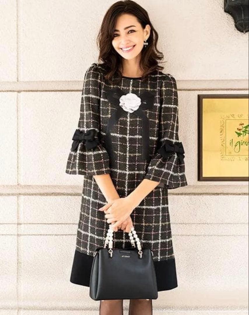 美品★M'S GRACY ツイードライクプリントワンピース リボン 大きいサイズ