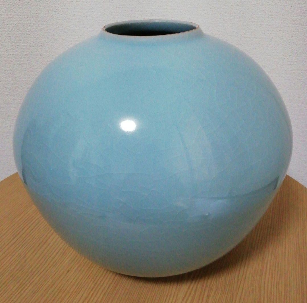 小野卓作　青磁　大壺　花入　共箱　略歴付　花瓶