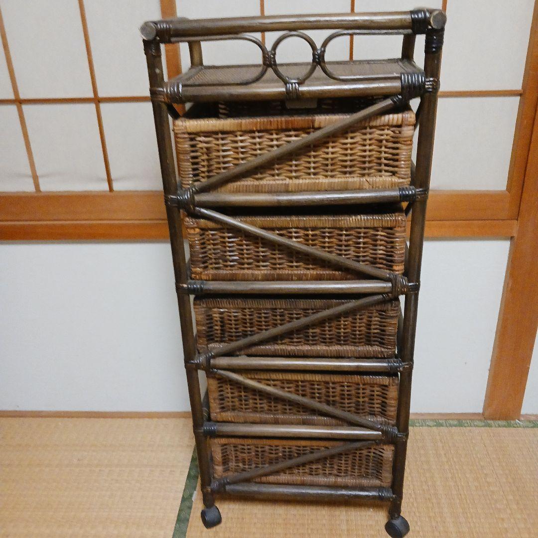 籐製 　ラタン　5段収納ラック キャスター付き　　ブラウン　レトロ