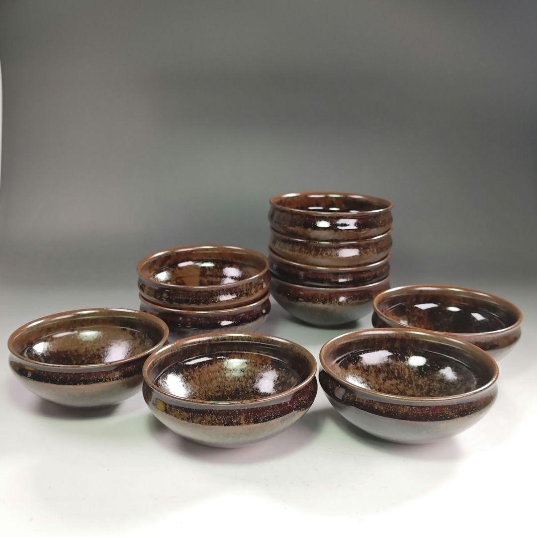 ウ288 数茶碗『淡海ぜぜ　膳所焼　陽炎園造　天目数茶碗　10客 共箱』抹茶碗