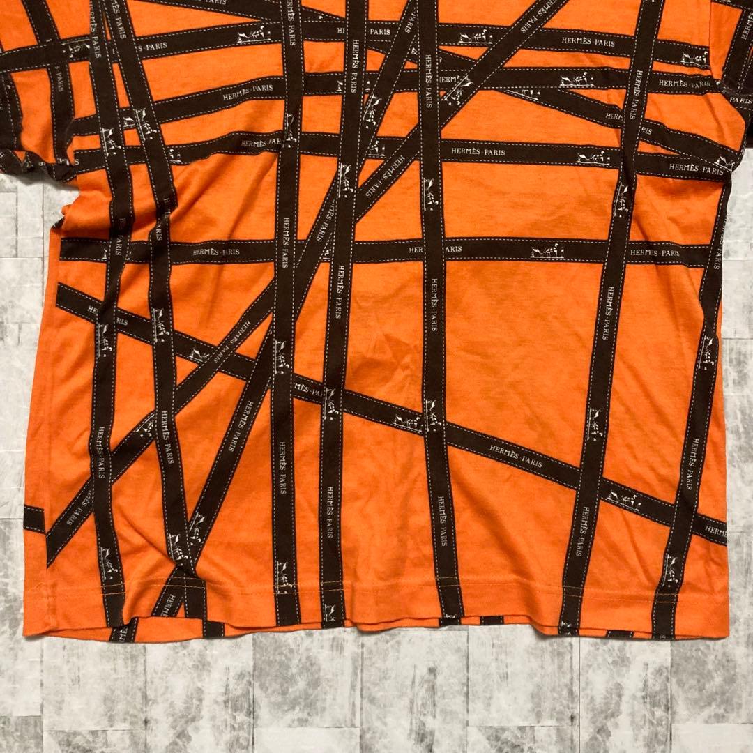 【HERMES】美品✨　エルメス　リボン柄　Tシャツ　オレンジ